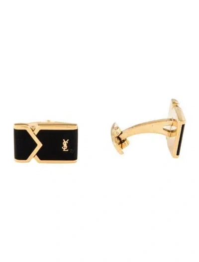 Pre-owned Saint Laurent Vintage Enamel Logo Cufflinks In Black
