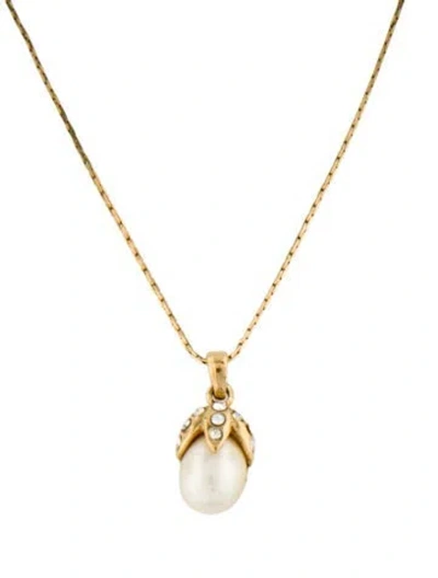 Pre-owned Saint Laurent Vintage Faux Pearl & Crystal Pendant Necklace, 18.25" In Multicolor