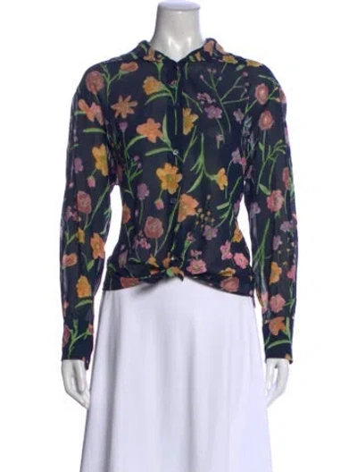 Pre-owned Saint Laurent Vintage Floral Print Blouse In Blue