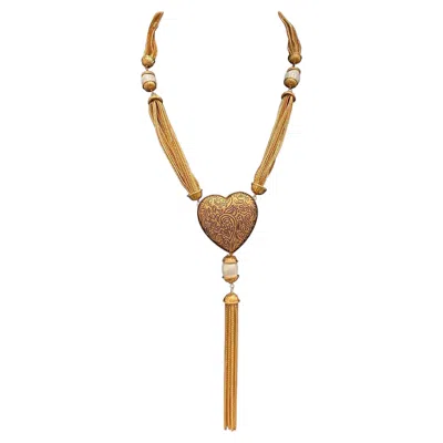 Pre-owned Saint Laurent Vintage Gold-plated Signed Ysl Heart Necklace With Faux Pearl Accents In Multi