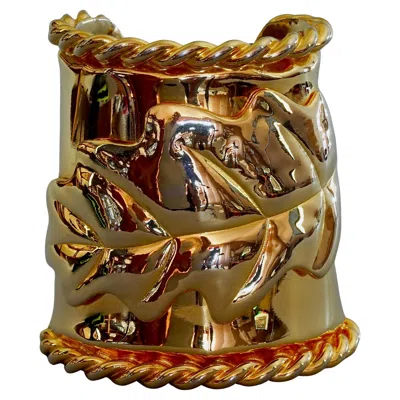 Pre-owned Saint Laurent Vintage Ines De La Fressange Gilt Oak Leaf Wide Cuff Bracelet In Multi