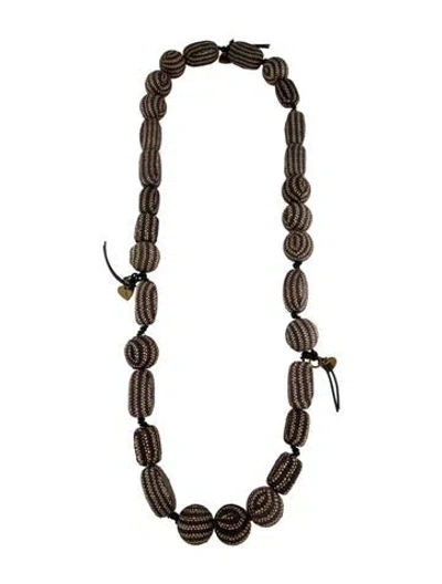 Pre-owned Saint Laurent Vintage Leather & Raffia Woven Bead Strand Necklace, 46" In Black/brown/neutrals