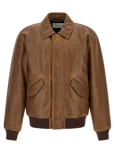 Saint Laurent Vintage Leather Bomber Jacket Puffer Jackets Brown