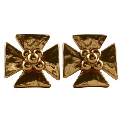 Pre-owned Saint Laurent Vintage Massive Ysl Yves  Maltese Cross Flower Earrings In Brown