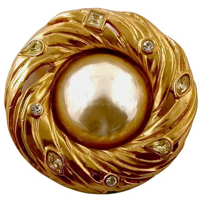 Pre-owned Saint Laurent Vintage Massive Ysl Yves  Pearl Rhinestone Swirl Pendant Brooch In Brown