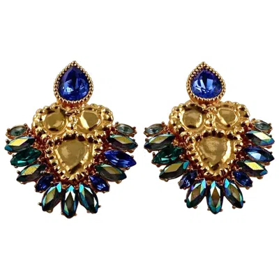 Pre-owned Saint Laurent Vintage Massive Yves  Iridescent Rhinestones Jewelled Earrings In Black