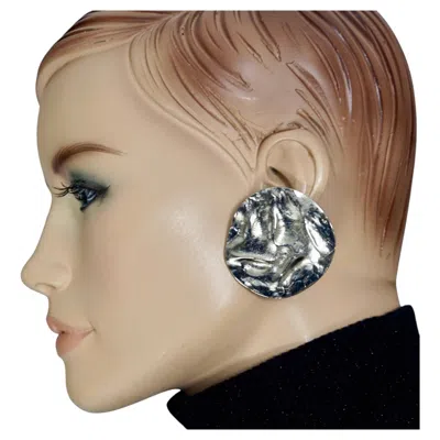 Pre-owned Saint Laurent Vintage Massive Yves  Ysl By Goossens Silver Wrinkled Disc Earrings In Multi