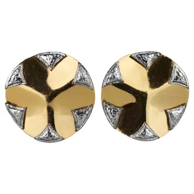Pre-owned Saint Laurent Vintage Massive Yves  Ysl Flower Ridged Disc Two Tone Earrings In Sand