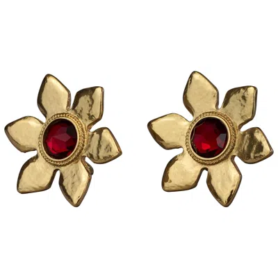 Pre-owned Saint Laurent Vintage Massive Yves  Ysl Flower Ruby Red Stone Earrings
