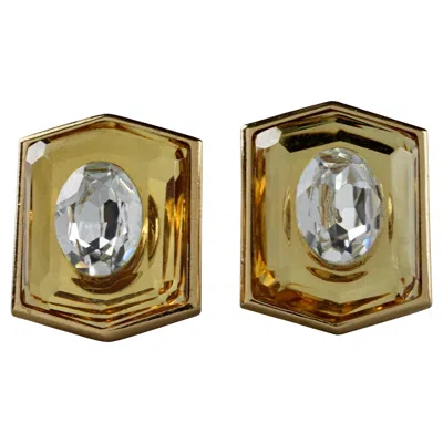 Pre-owned Saint Laurent Vintage Massive Yves  Ysl Lucite Rhinestone Hexagon Earrings In Brown
