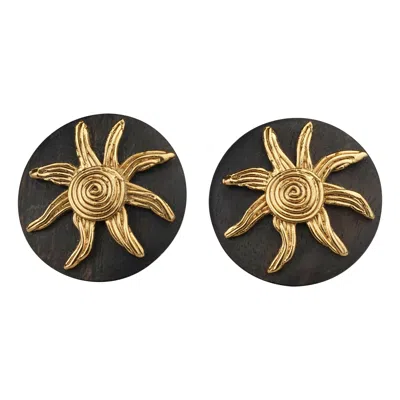 Pre-owned Saint Laurent Vintage Massive Yves  Ysl Spiral Sun Disc Wood Earrings In Black