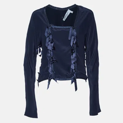 Pre-owned Saint Laurent Vintage Navy Blue Ribbon Detail Blouse L