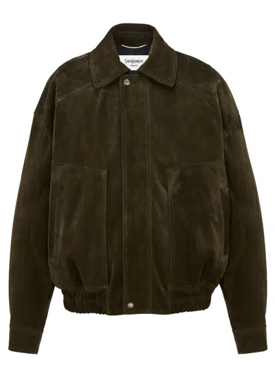 Saint Laurent Vintage Split Leather Bomber Jacket In Green