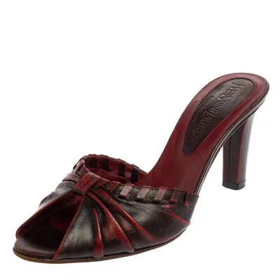 Pre-owned Saint Laurent Vintage Two Tone Leather Open Toe Slide Sandals Size 36.5 In Burgundy