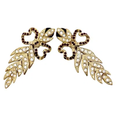 Pre-owned Saint Laurent Vintage Ultra Long Yves  Bow Leaf Rhinestone Earrings In Sand
