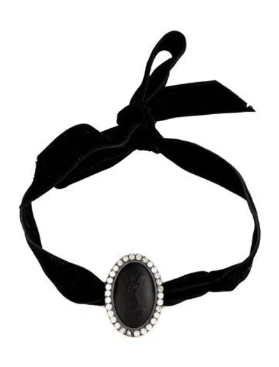 Pre-owned Saint Laurent Vintage Velvet & Crystal Cameo Choker Pendant Necklace, 42" In Black/clear