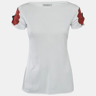 Pre-owned Saint Laurent Vintage White Cotton Floral Applique Detail Top S
