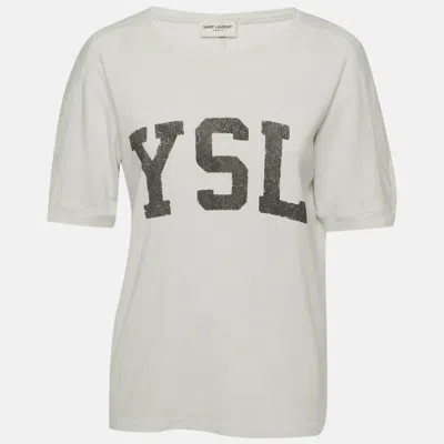 Pre-owned Saint Laurent Vintage White Logo Print Cotton Crewneck T-shirt Xs
