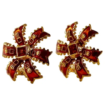 Pre-owned Saint Laurent Vintage Ysl Yves  Enamel Ribbon Rhinestone Earrings In Brown