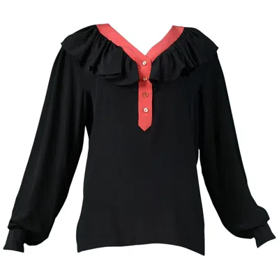 Pre-owned Saint Laurent Vintage Yves  Black & Red Silk Ruffle Blousew