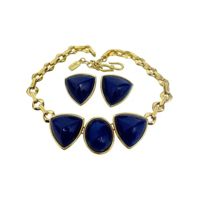 Pre-owned Saint Laurent Vintage Yves  Blue Chunky Geometric Earrings Necklace Set