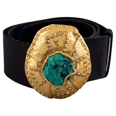 Pre-owned Saint Laurent Vintage Yves  By Goossens Ethnic Disc Turquoise Buckle Silk Belt In Black