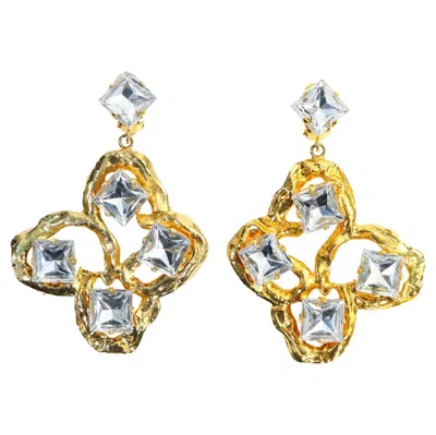 Pre-owned Saint Laurent Vintage Yves  Couture Gold Clip-on Earrings With Crystals, 1980s In Multi