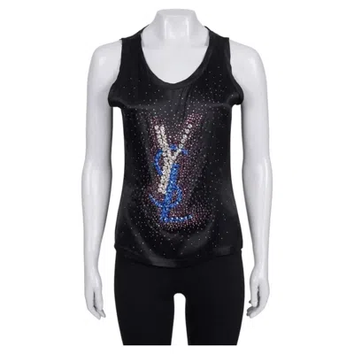 Pre-owned Saint Laurent Vintage Yves  Crystal Embellished Silk Tank Top Sz.s In Black