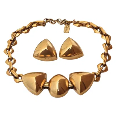 Pre-owned Saint Laurent Vintage Yves  Gold Chunky Geometric Earrings Necklace Set In Brown