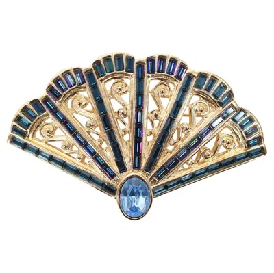 Pre-owned Saint Laurent Vintage Yves  Gold Tone Fan Brooch With Blue Crystals