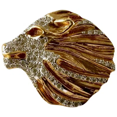 Pre-owned Saint Laurent Vintage Yves  Lion Rhinestone Sculptured Brooch In Brown