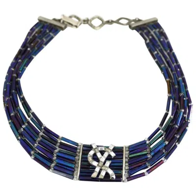 Pre-owned Saint Laurent Vintage Yves  Logo Rhinestone Glass Bead Choker Necklace In Black