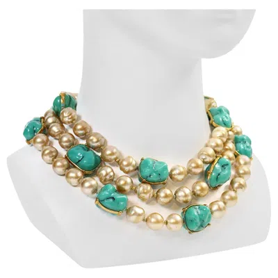 Pre-owned Saint Laurent Vintage Yves  Pearl & Faux Turquoise Couture Necklace, France 1980s In Multi