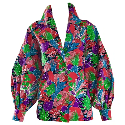 Pre-owned Saint Laurent Vintage Yves  Rive Gauche Ysl Tropical Print Bishop Sleeve Blouse In Black