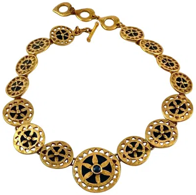 Pre-owned Saint Laurent Vintage Yves  Ysl Blue Enamel Wheel Disc Cabochon Necklace