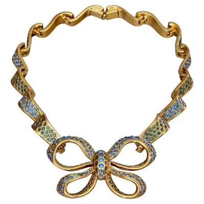 Pre-owned Saint Laurent Vintage Yves  Ysl Blue Rhinestone Bow Ribbon Necklace