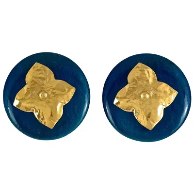 Pre-owned Saint Laurent Vintage Yves  Ysl Blue Wood Textured Gilt Flower Earrings