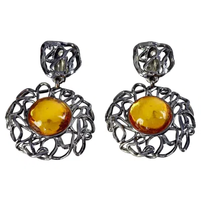 Pre-owned Saint Laurent Vintage Yves  Ysl By Goossens Stone Flower Gunmetal Drop Earrings In Gray