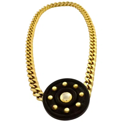 Pre-owned Saint Laurent Vintage Yves  Ysl Chunky Wood Medallion Studded Necklace In Sand