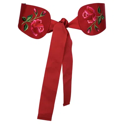 Pre-owned Saint Laurent Vintage Yves  Ysl Flower Embroidered Grosgrain Ribbon Red Belt