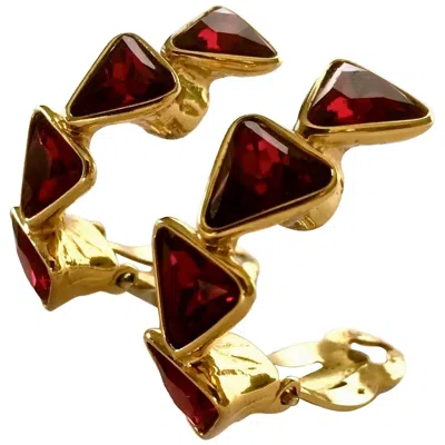Pre-owned Saint Laurent Vintage Yves  Ysl Geometric Ruby Rhinestone Earrings In Brown