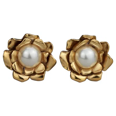 Pre-owned Saint Laurent Vintage Yves  Ysl Gilt Flower Pearl Earrings In Brown