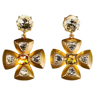 Pre-owned Saint Laurent Vintage Yves , Ysl Gold & Crystal Maltese Cross Pendant Earrings In Multi