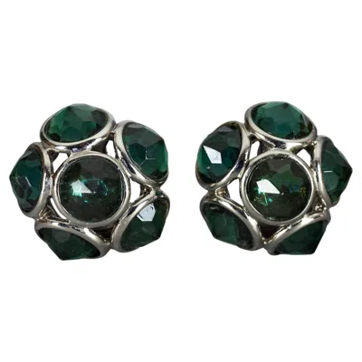 Pre-owned Saint Laurent Vintage Yves  Ysl Green Flower Dome Rhinestones Earrings