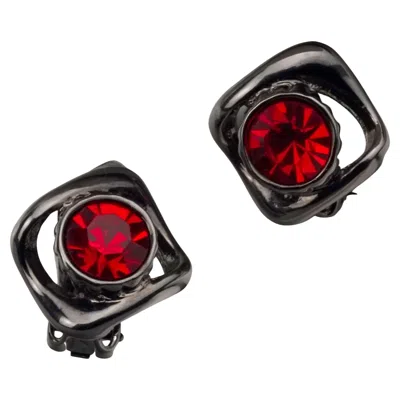 Pre-owned Saint Laurent Vintage Yves  Ysl Gunmetal Ruby Rhinestone Earrings In Gray