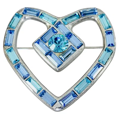 Pre-owned Saint Laurent Vintage Yves  Ysl Heart Blue Rhinestone Silver Brooch