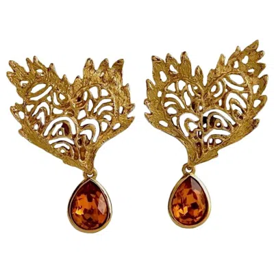 Pre-owned Saint Laurent Vintage Yves  Ysl Heart Lace Amber Dangling Earrings In Brown