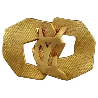 Pre-owned Saint Laurent Vintage Yves  Ysl Logo Ribbed Gold Tone Openwork Brooch In Multi