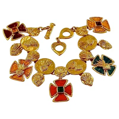 Pre-owned Saint Laurent Vintage Yves  Ysl Pineapple Maltese Cross Enamel Bracelet In Brown