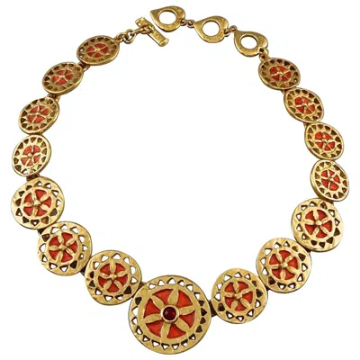 Pre-owned Saint Laurent Vintage Yves  Ysl Red Enamel Wheel Disc Cabochon Necklace